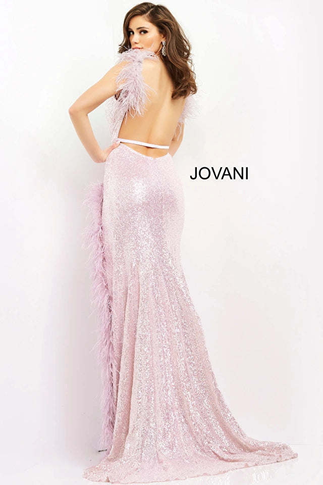 Jovani 06164 Fitted Sequin V-Neckline Feather Dress - Special Occasion