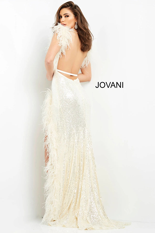 Jovani 06164 Fitted Sequin V-Neckline Feather Dress - Special Occasion