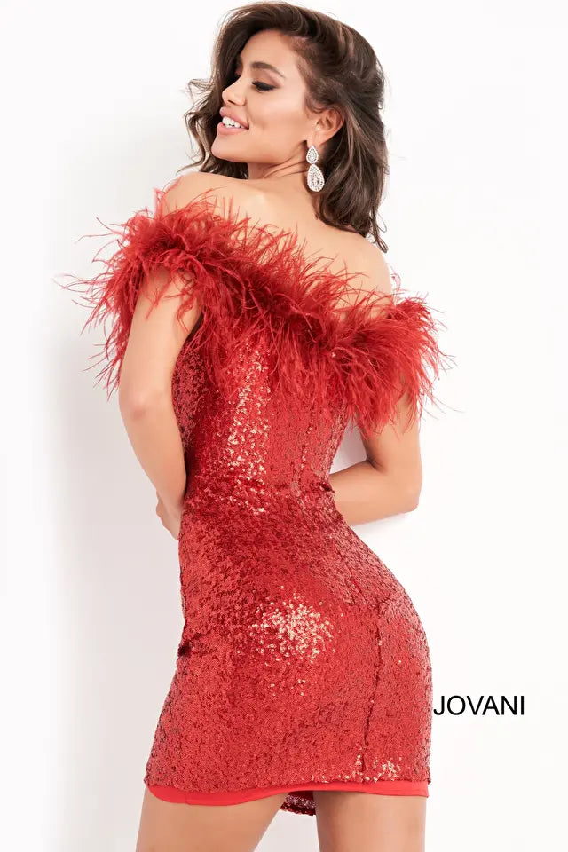 Jovani 06167 Sequin Feather Neckline Short Dress - Special Occasion