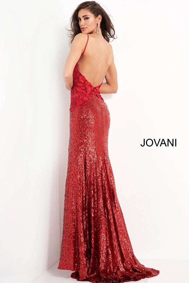 Jovani 06426 Floral Appliques Sequin High Slit Dress - Special Occasion/Curves