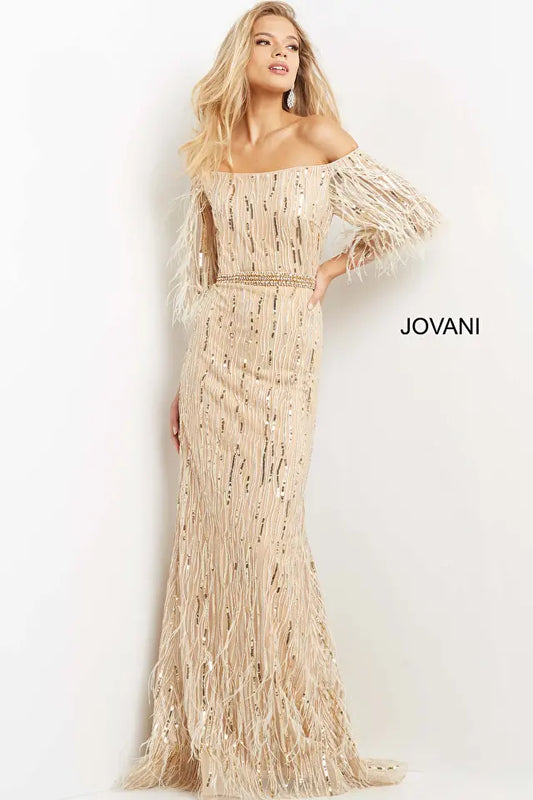 Jovani 07195 Embellished Feather Sleeve Sheath Dress - Special Occasion/Curves