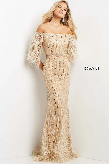 Jovani 07195 Embellished Feather Sleeve Sheath Dress - Special Occasion/Curves