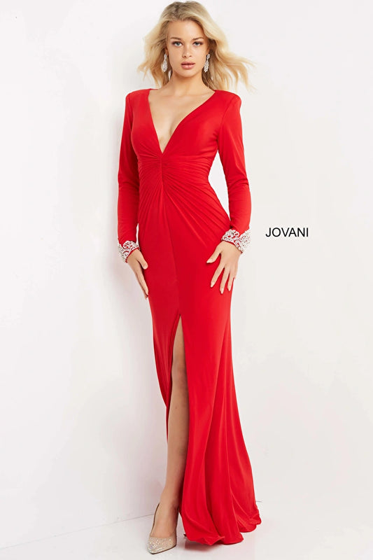 Jovani 07320 Long Sleeve Plunging Neck Sheath Dress - Special Occasion/Curves