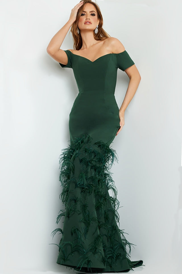 Jovani 08384 Off The Shoulder Mermaid Feather Fitted Gown - Special Occasion/Curves