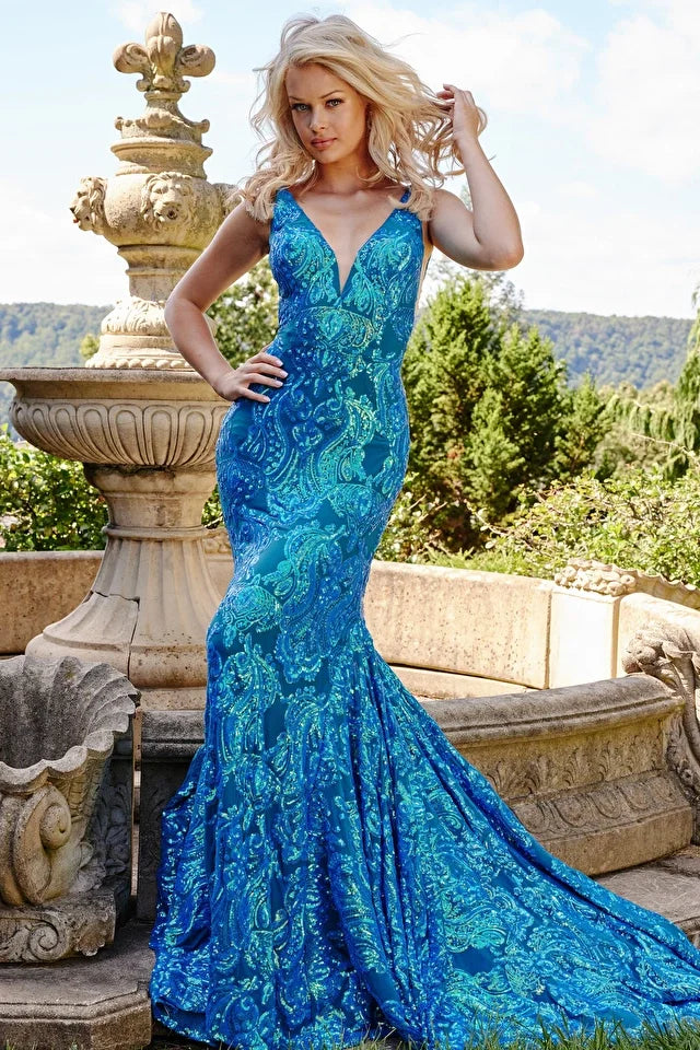 Jovani 08646 Embellished V-Neckline Mermaid Gown - Special Occasion/Curves