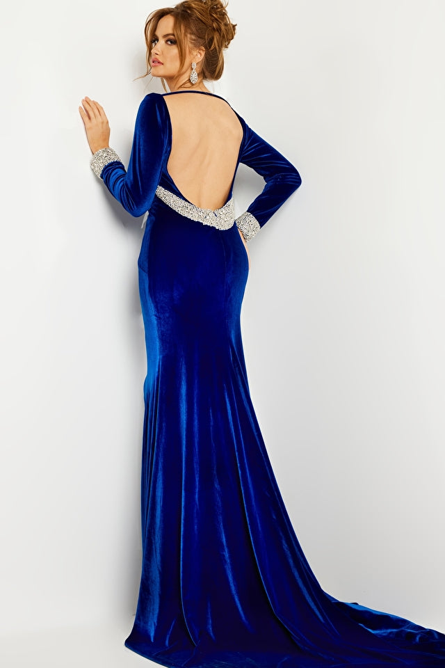 Jovani 09139 Long Sleeve Velvet Backless Formal Gown - Special Occasion/Curves