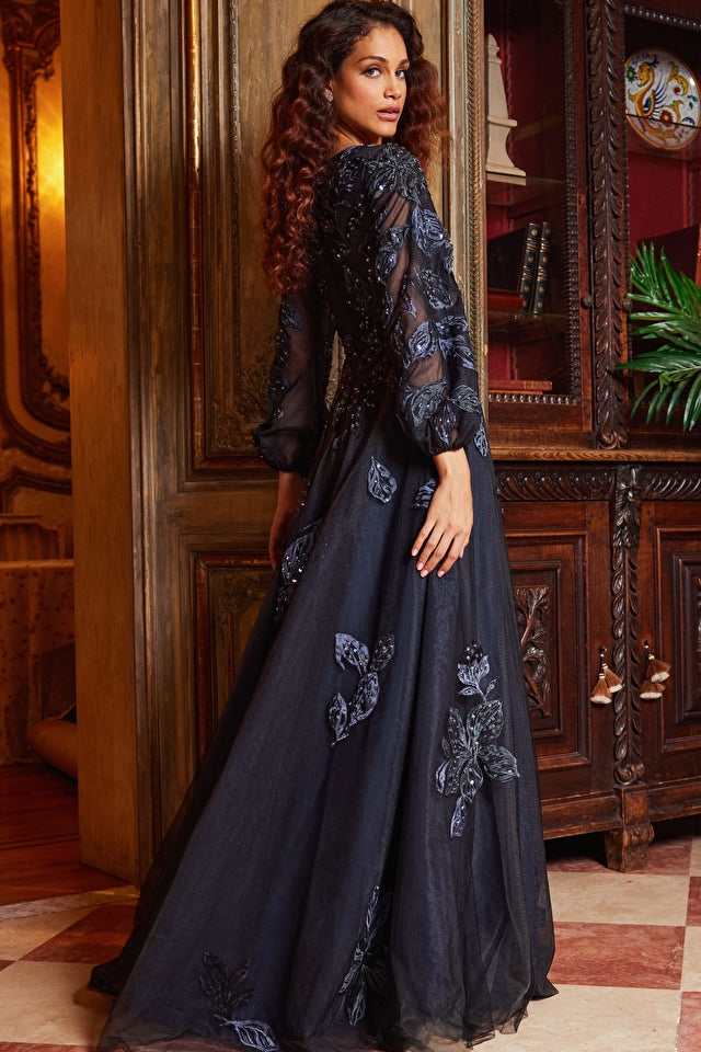 Jovani 09943 Embroidered Long Sleeve Floral Beaded A-Line Evening Dress - Special Occasion/Curves