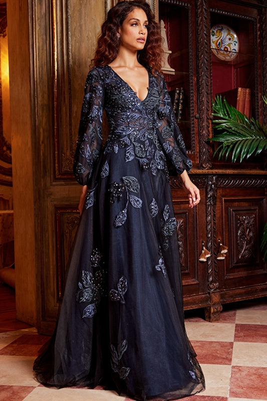 Jovani 09943 Embroidered Long Sleeve Floral Beaded A-Line Evening Dress - Special Occasion/Curves