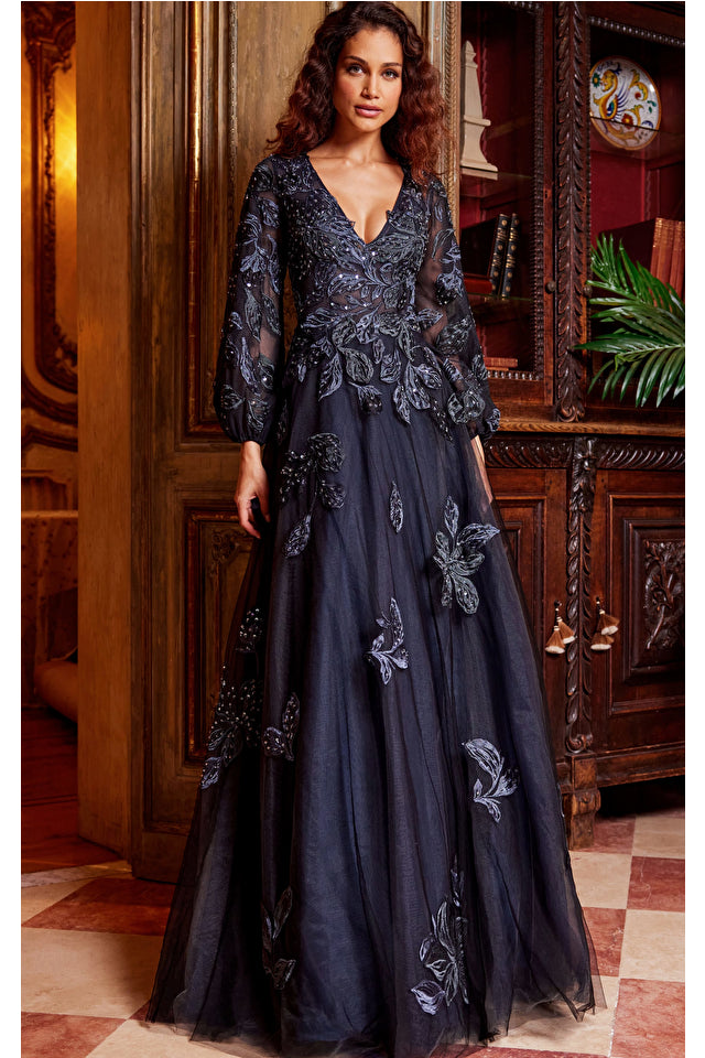 Jovani 09943 Embroidered Long Sleeve Floral Beaded A-Line Evening Dress - Special Occasion/Curves