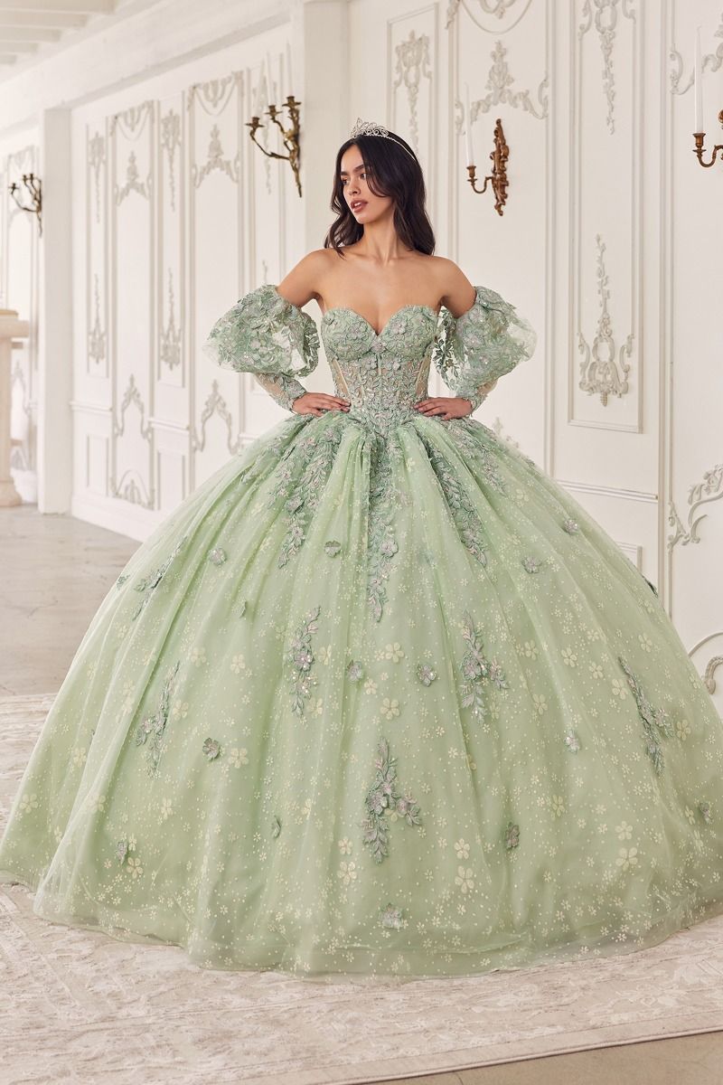 Strapless Lace with Puff Sleeves Gown by Cinderella Divine 15722 - Quinceanera