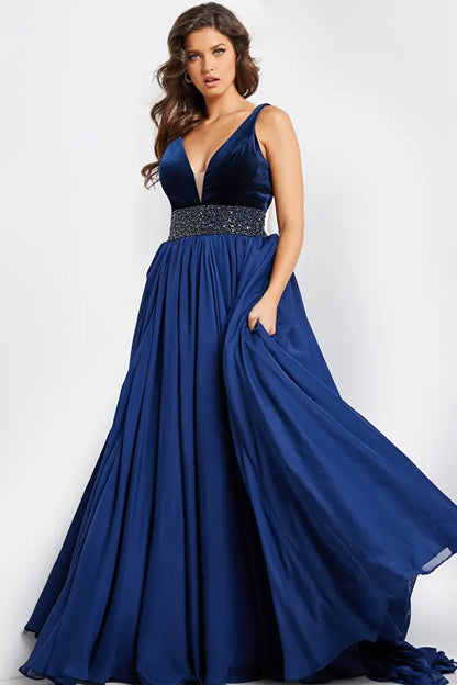 Jovani 26201 Embellished Belt V-Neck Gown - Special Occasion