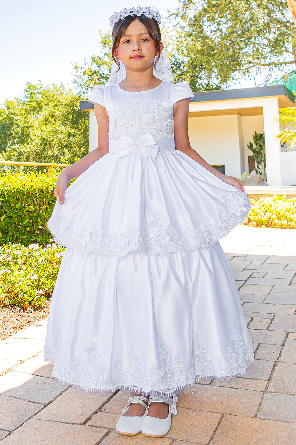 Illusion Top Satin Cap Sleeve Girl Communion Dress by Cinderella Couture USA AS2910