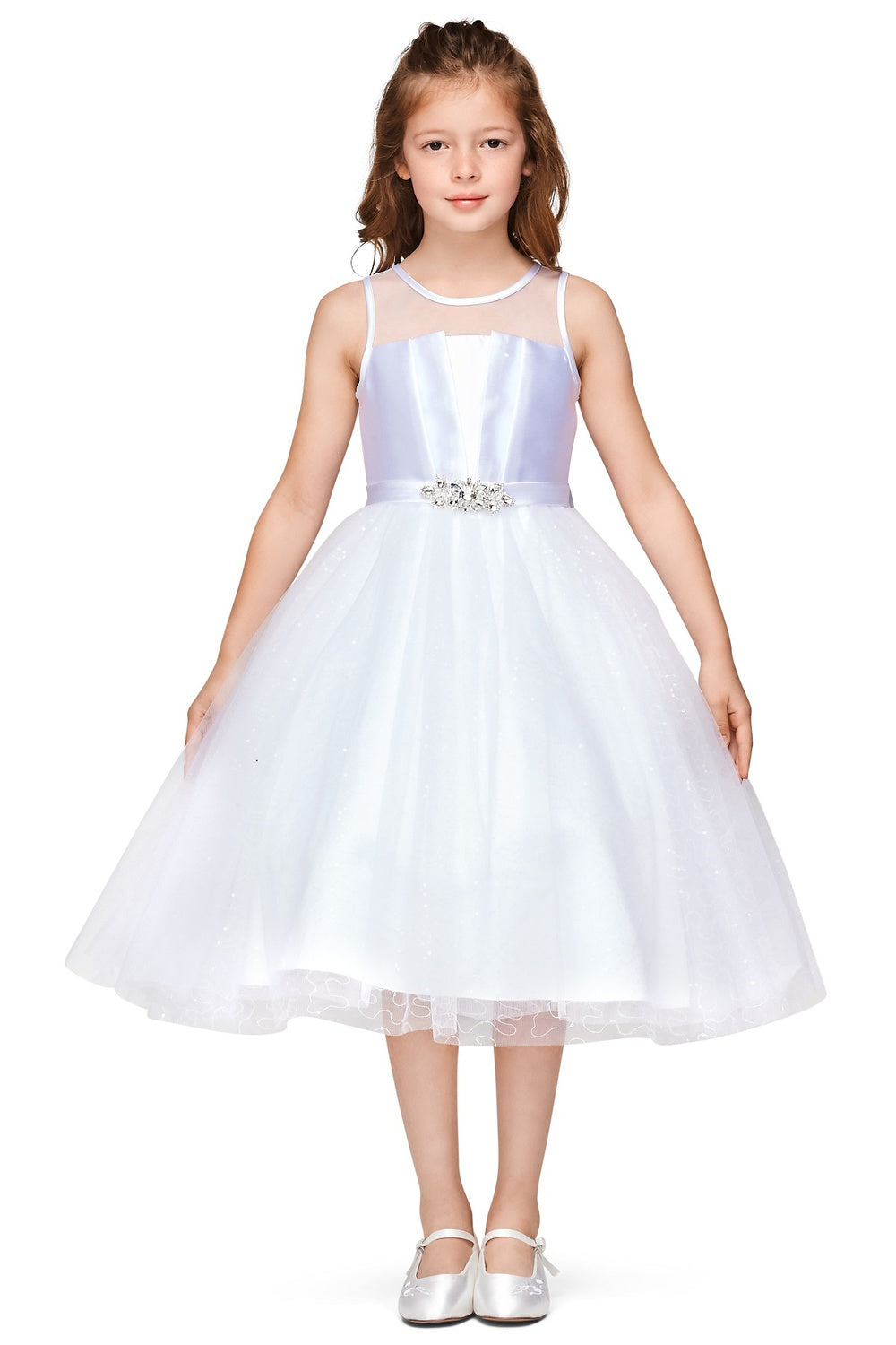 Satin Illusion Neckline Pleated Tulle Girl Party Dress by Cinderella Couture USA AS5076N