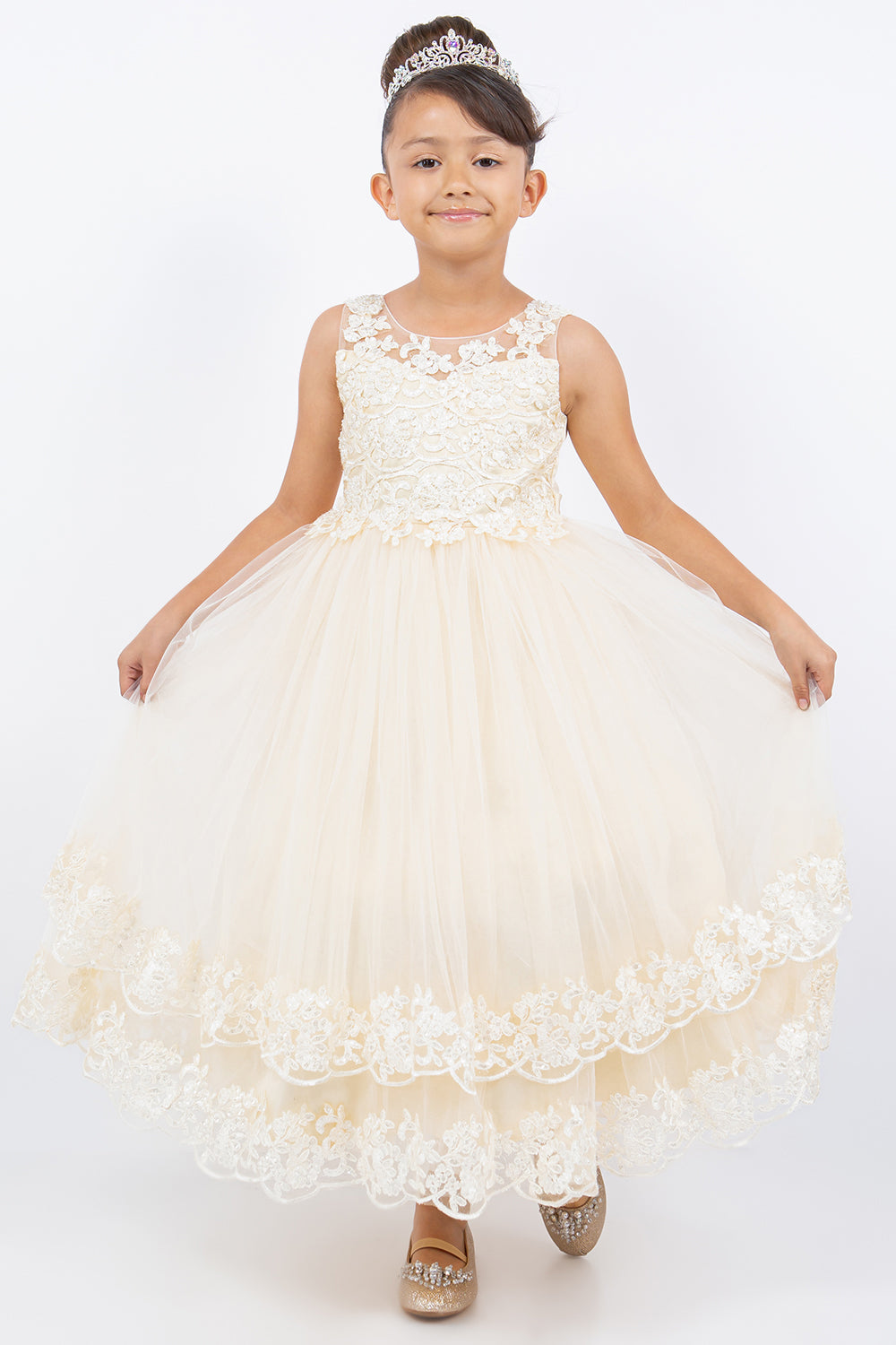 Illusion Top Lace Tulle Flower Girl Dress by Cinderella Couture USA AS5129