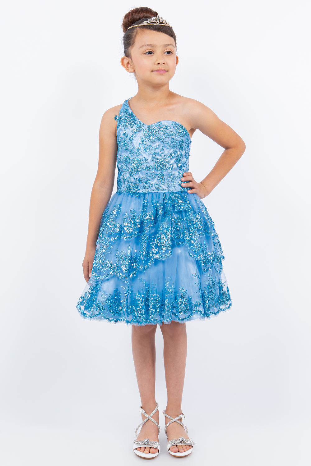 Glitter Flower One Shoulder Girl Party Dress by Cinderella Couture USA AS5132