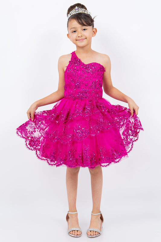 Glitter Flower One Shoulder Girl Party Dress by Cinderella Couture USA AS5132