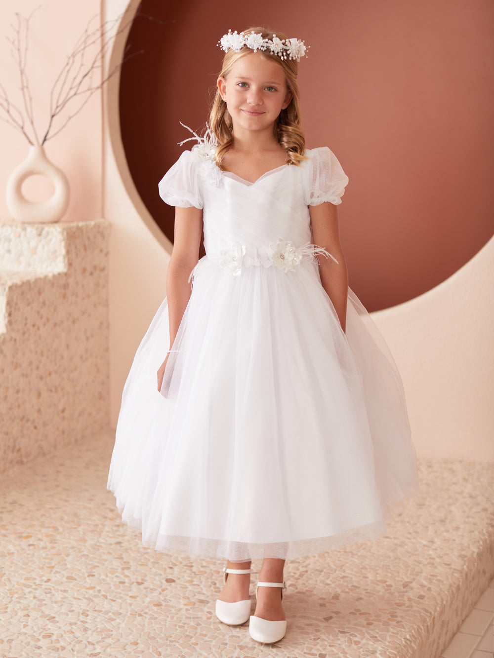 Puff Sleeve Feathers 3D Flowers Girl Dress by TIPTOP KIDS - AS5865