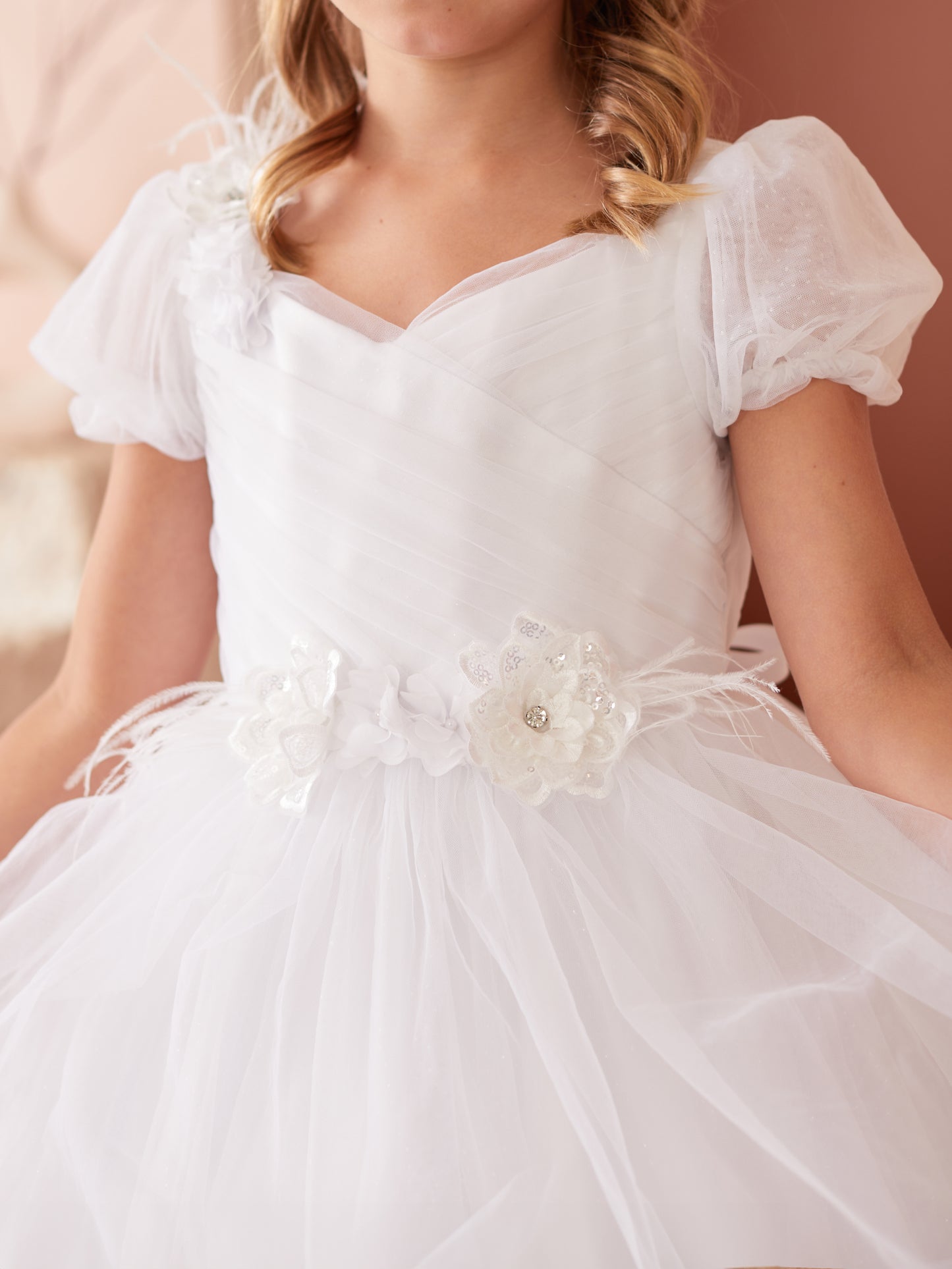 Puff Sleeve Feathers 3D Flowers Girl Dress by TIPTOP KIDS - AS5865