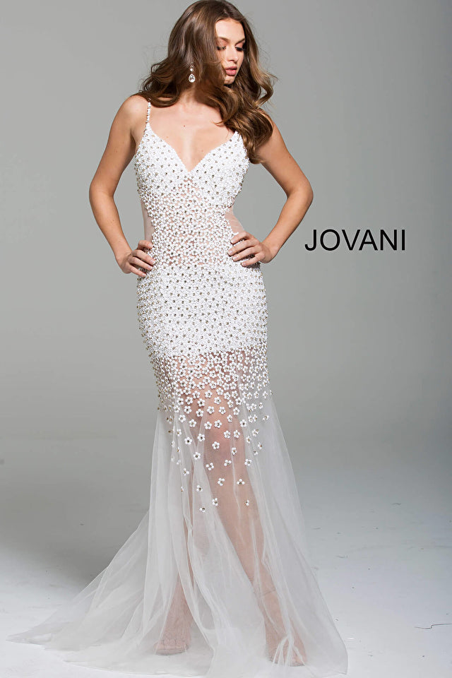 Jovani 60695 Beaded V-Neckline Spaghetti Straps Dress - Special Occasion