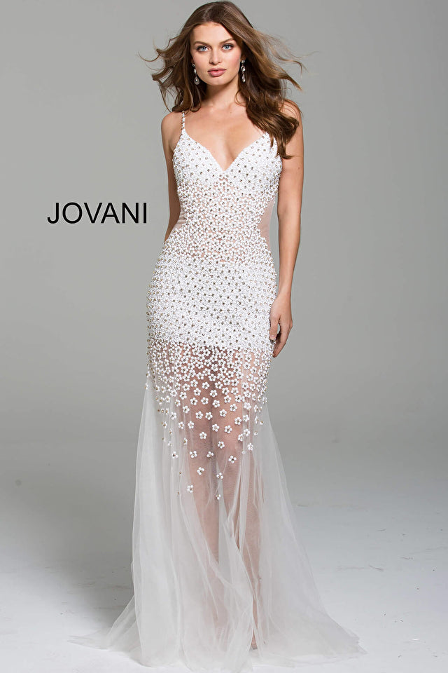 Jovani 60695 Beaded V-Neckline Spaghetti Straps Dress - Special Occasion