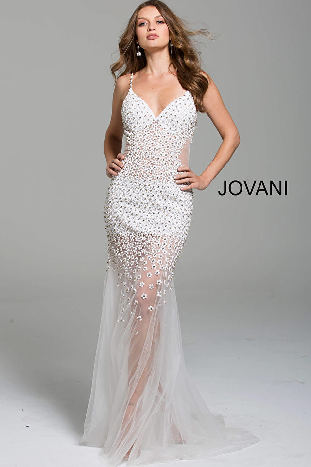 Jovani 60695 Beaded V-Neckline Spaghetti Straps Dress - Special Occasion