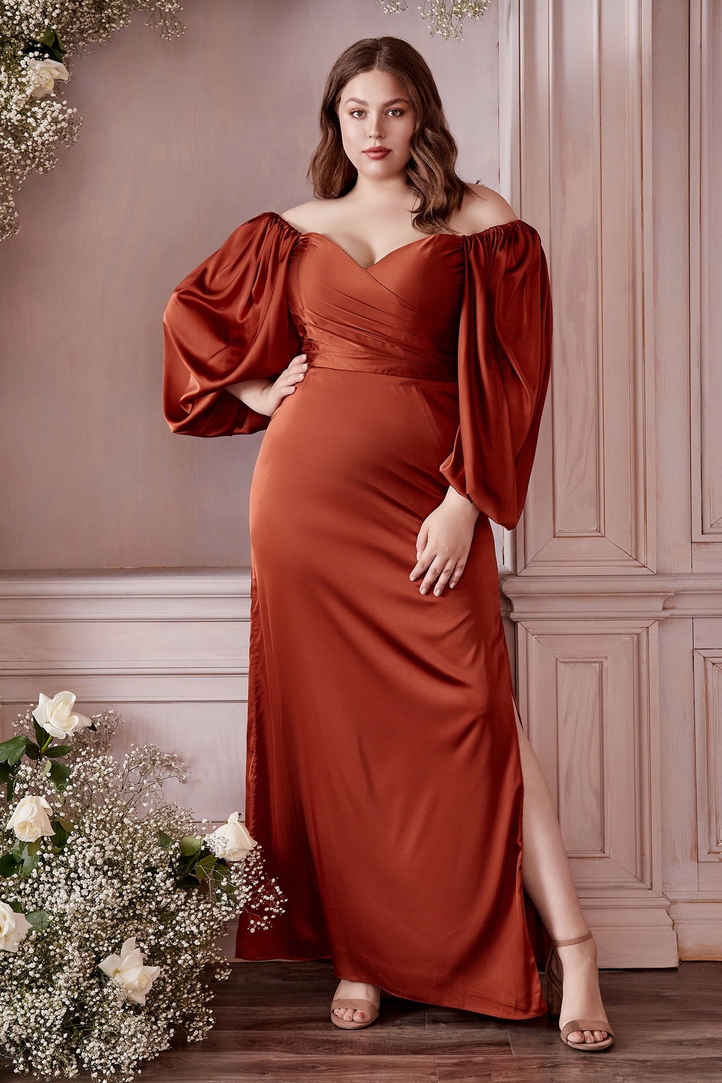 Off the Shoulder Long Sleeve Soft Satin Slit Gown - Cinderella Divine 7482C - Curves