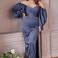 Off the Shoulder Long Sleeve Soft Satin Slit Gown - Cinderella Divine 7482C - Curves