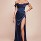 Off the Shoulder Satin Corset Slit Women Evening Formal Gown By Ladivine 7492C - Curves