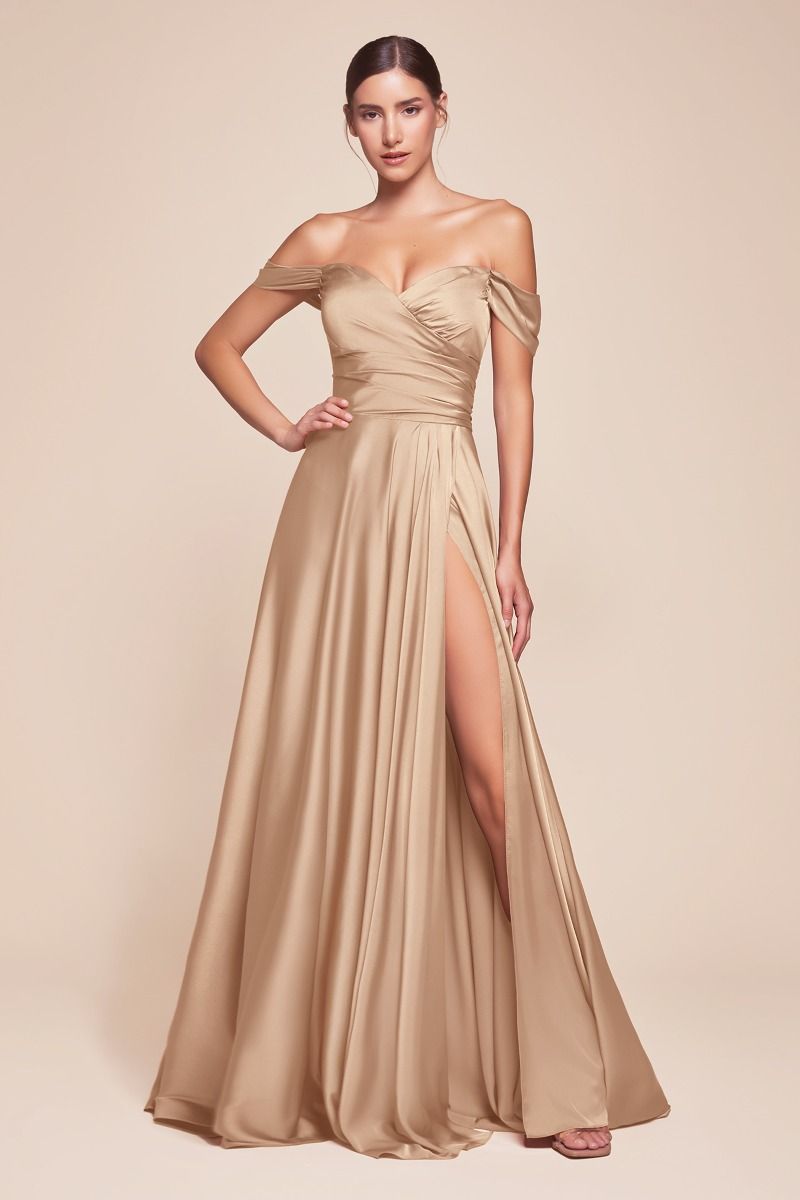 Satin Off The Shoulder A-Line Slit Gown By Ladivine 7493 - Special Occasion