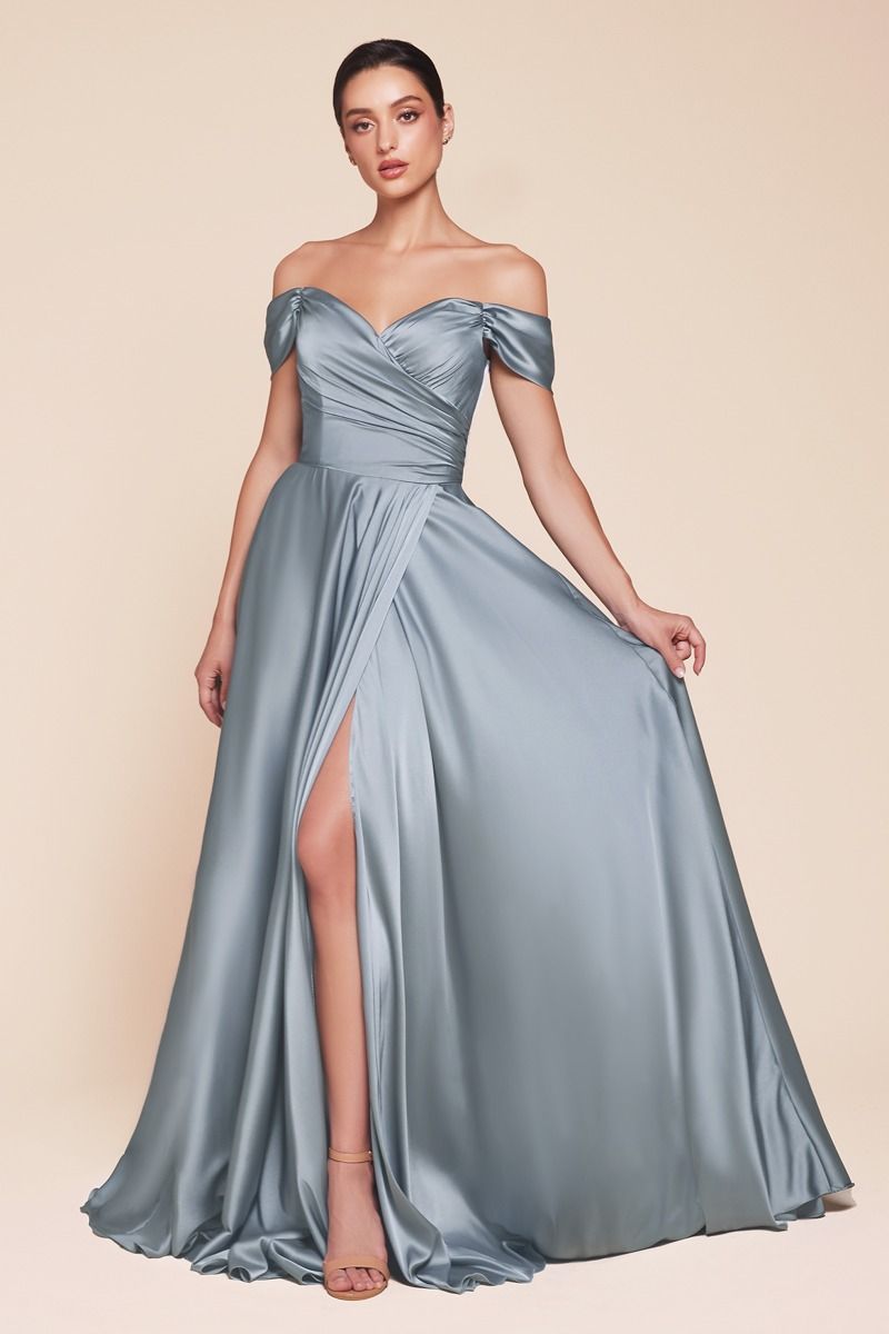 Satin Off The Shoulder A-Line Slit Gown By Ladivine 7493 - Special Occasion