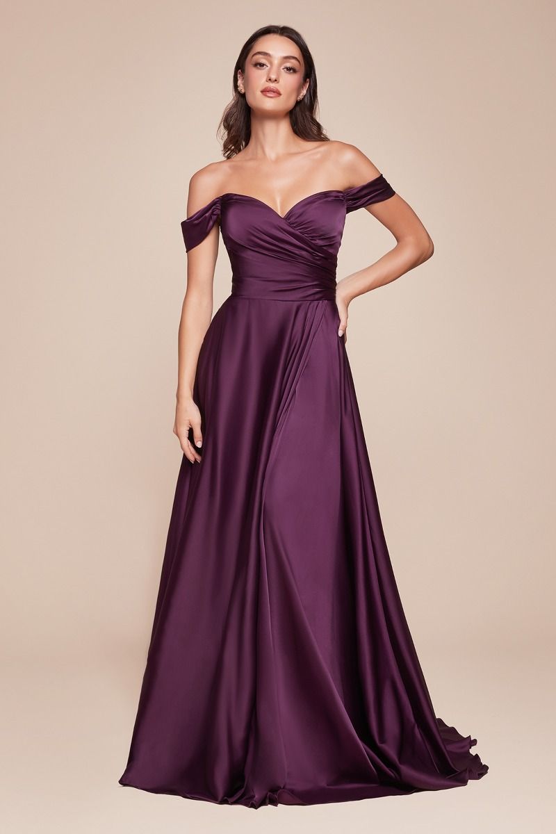 Satin Off The Shoulder A-Line Slit Gown By Ladivine 7493 - Special Occasion