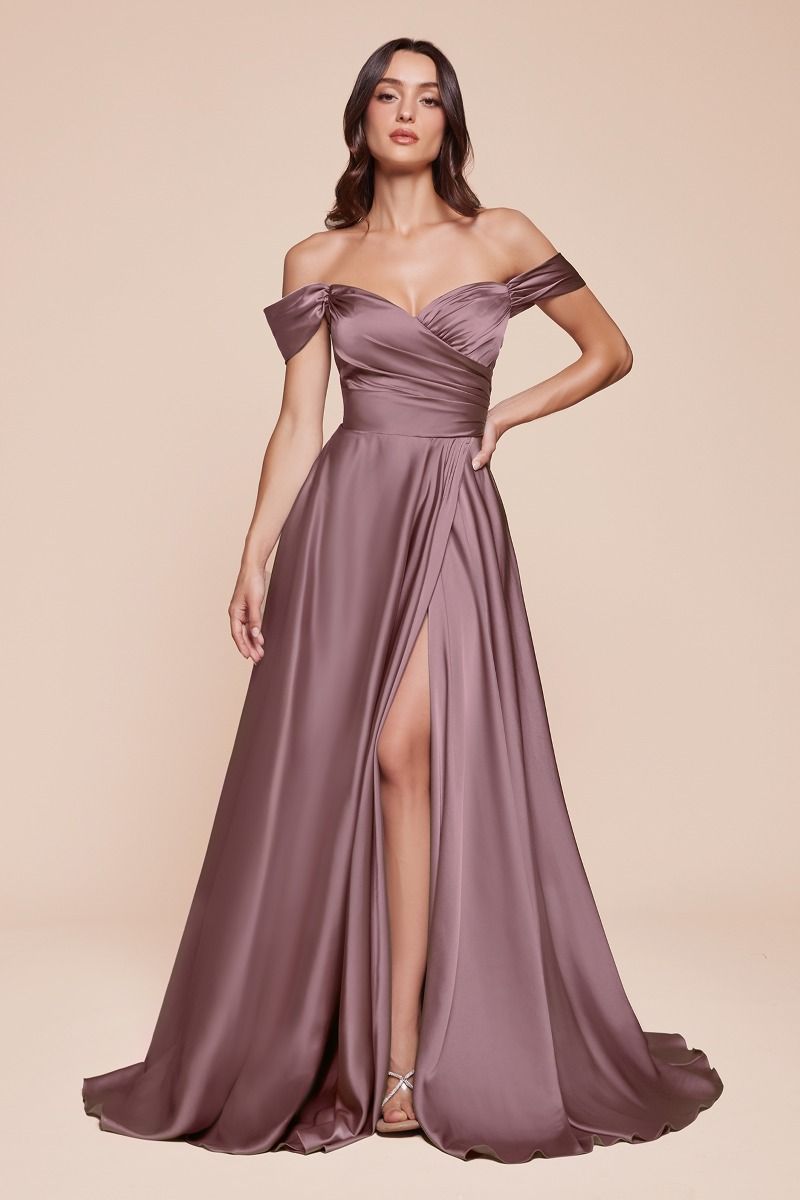 Satin Off The Shoulder A-Line Slit Gown By Ladivine 7493 - Special Occasion