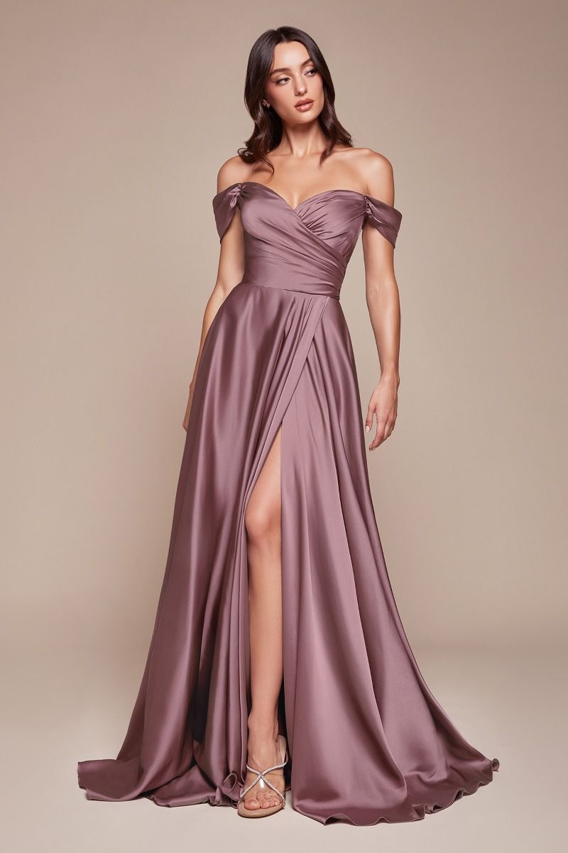 Satin Off The Shoulder A-Line Slit Gown By Ladivine 7493 - Special Occasion