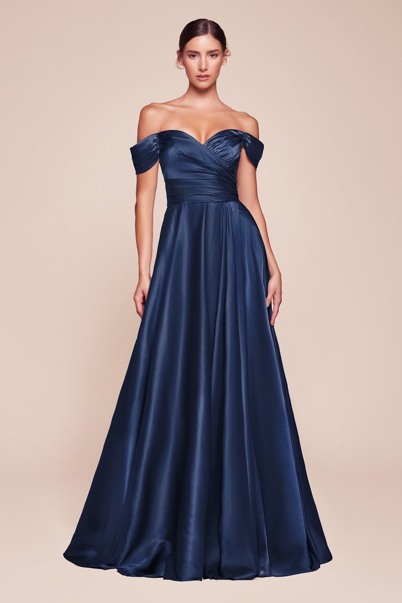 Satin Off The Shoulder A-Line Slit Gown By Ladivine 7493 - Special Occasion