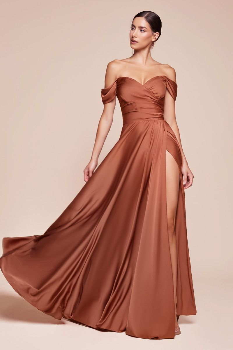 Satin Off The Shoulder A-Line Slit Gown By Ladivine 7493 - Special Occasion