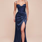 Fitted Satin Sheath Leg Slit Gown by Cinderella Divine 7495 - Special Occasion