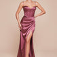 Fitted Satin Sheath Leg Slit Gown by Cinderella Divine 7495 - Special Occasion