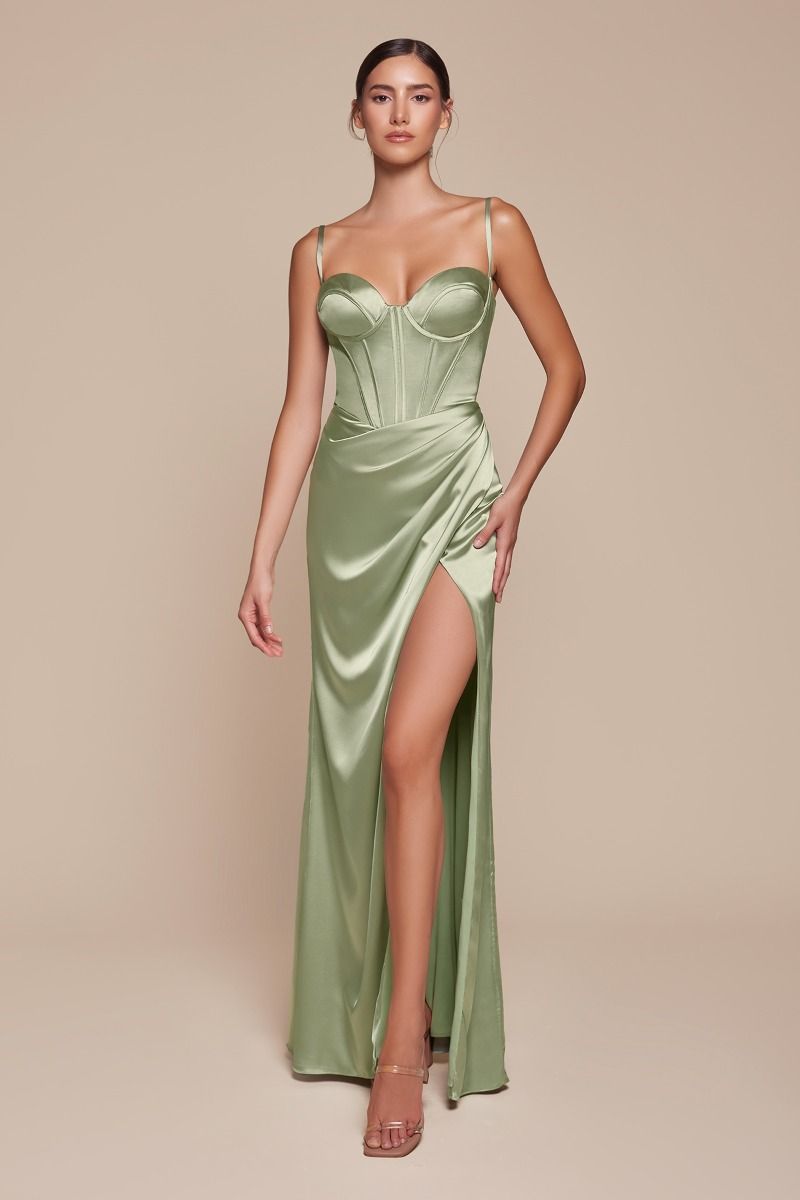 Fitted Satin Sheath Leg Slit Gown by Cinderella Divine 7495 - Special Occasion