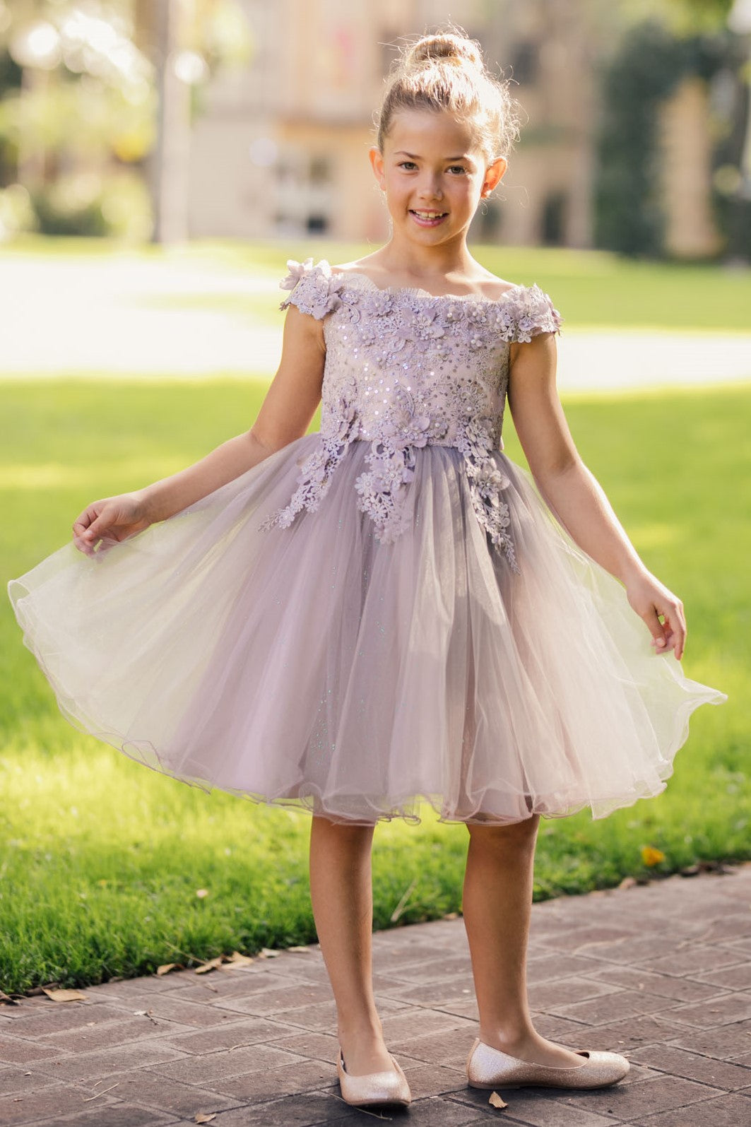 Off the Shoulder Floral Lace Tulle Girl Party Dress by Cinderella Couture USA AS9085