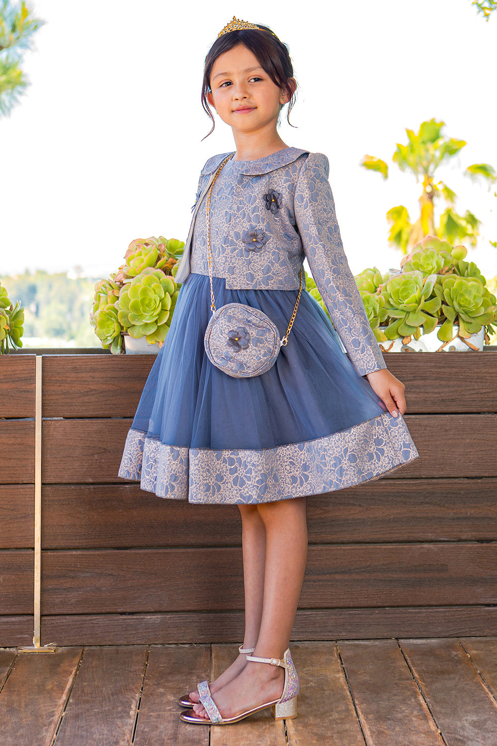 Elegant Jacquard Long Sleeve Jacket Girl Party Dress by Cinderella Couture USA AS9146