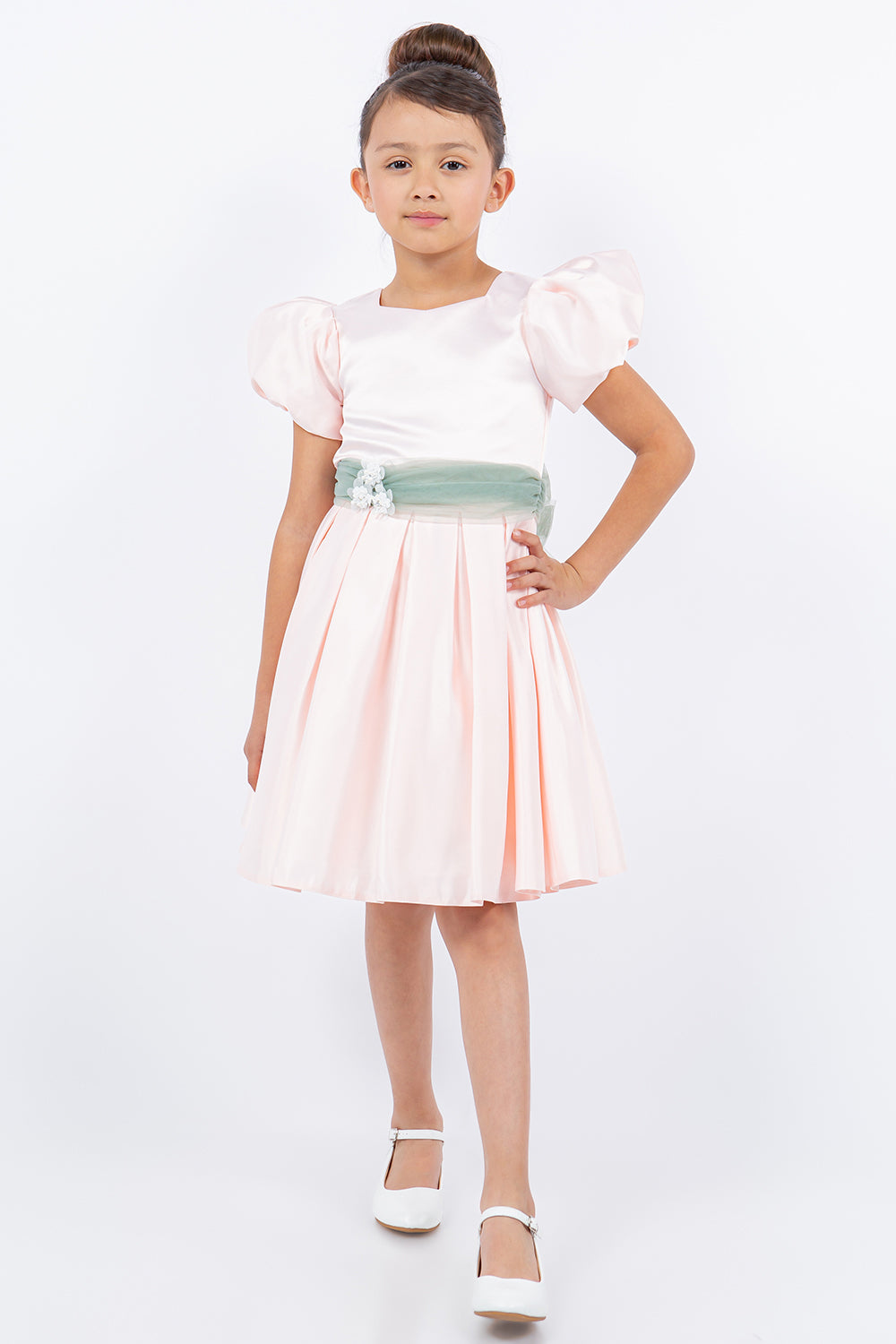 Puff Sleeve Satin Flower Girl Dress by Cinderella Couture USA AS9159