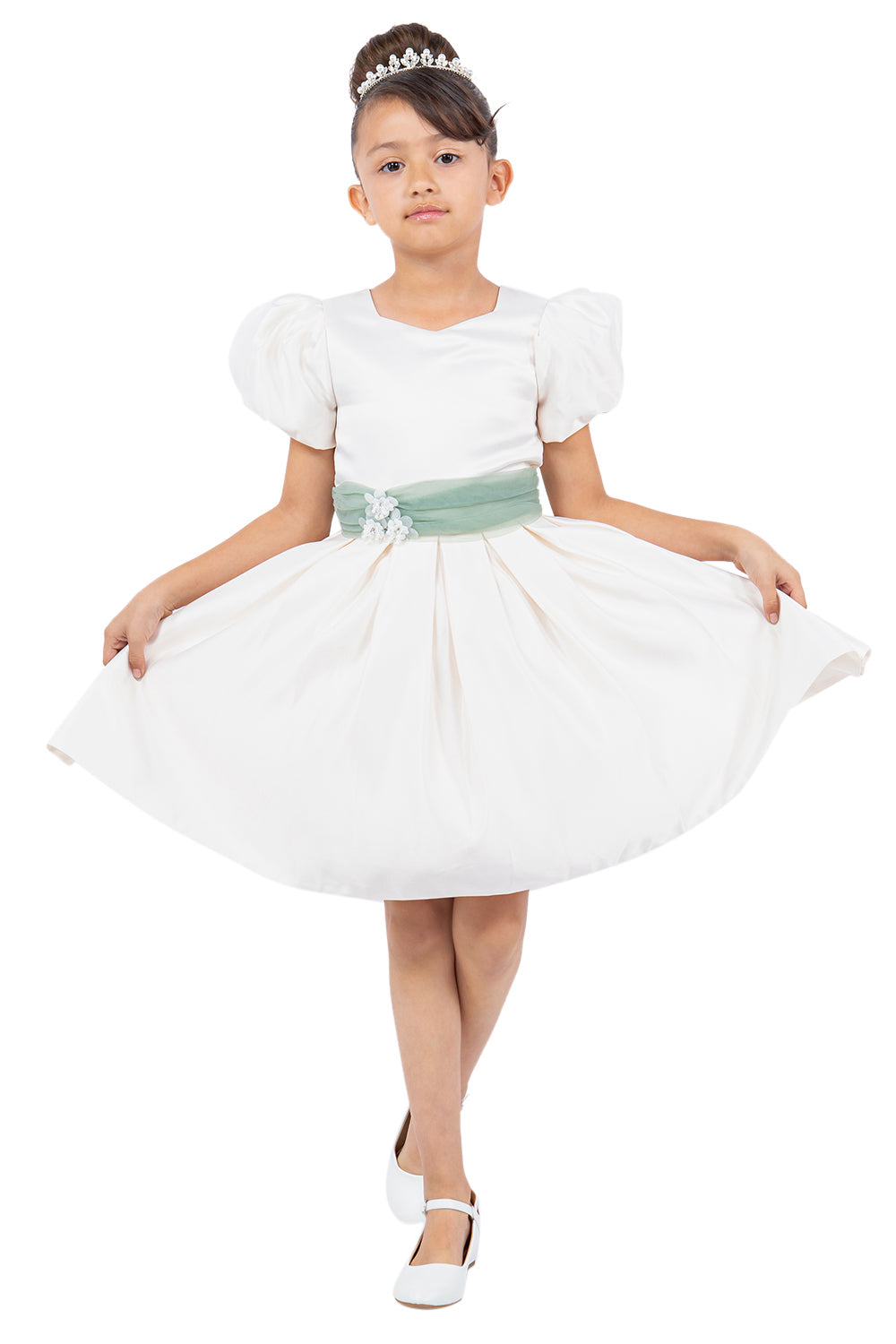 Puff Sleeve Satin Flower Girl Dress by Cinderella Couture USA AS9159