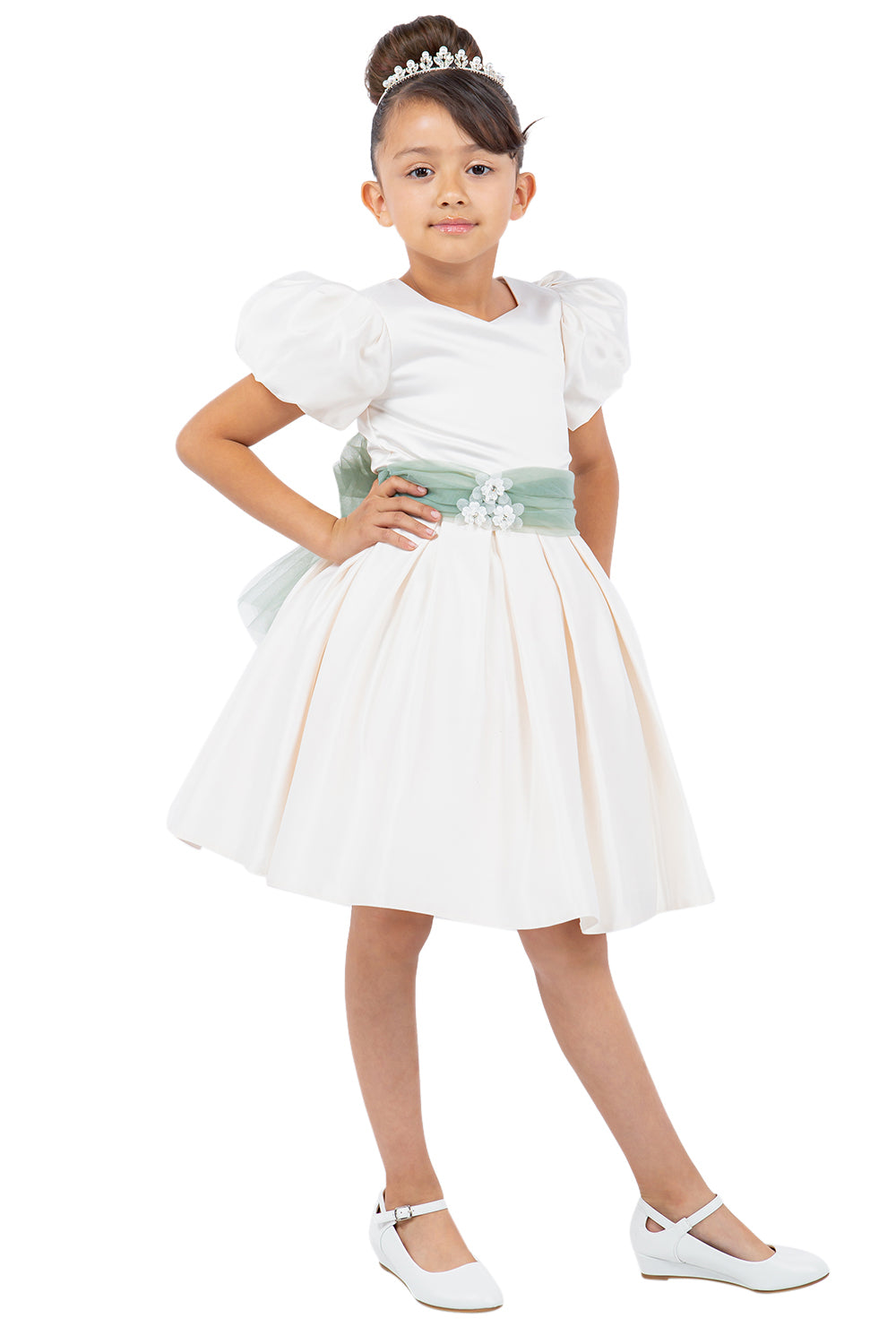 Puff Sleeve Satin Flower Girl Dress by Cinderella Couture USA AS9159