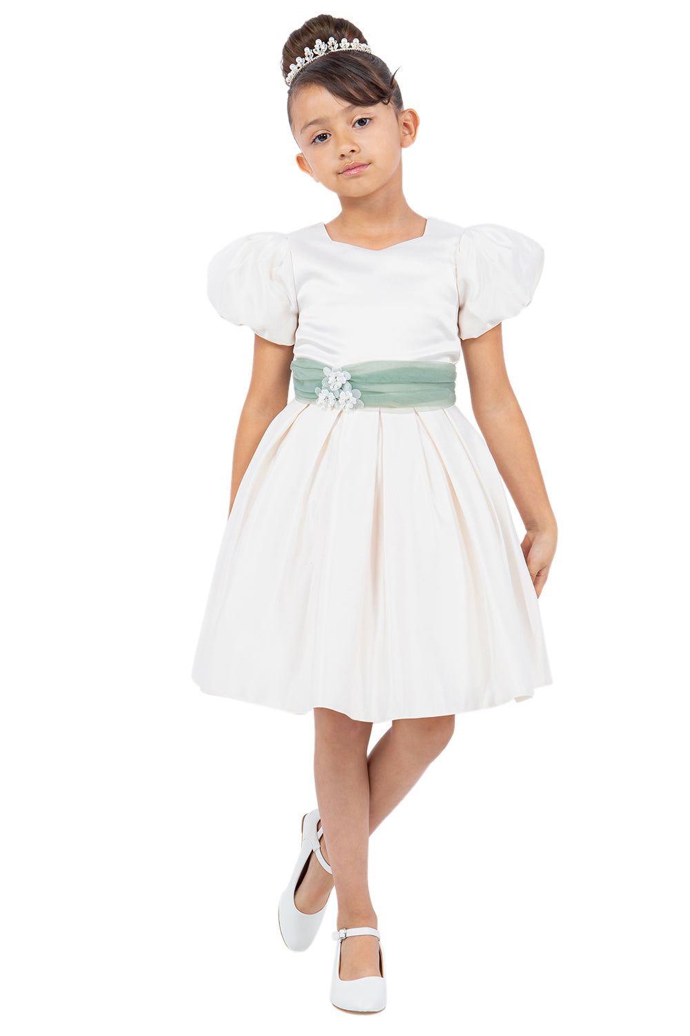 Puff Sleeve Satin Flower Girl Dress by Cinderella Couture USA AS9159