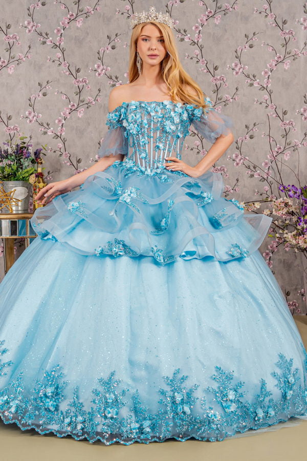 3-D Flower Applique Straight Across Neckline Quinceanera Dress by Elizabeth K - GL3180