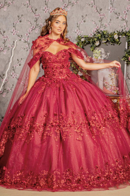 Glitter 3-D Flower Off Shoulder Quinceanera Dress by Elizabeth K - GL3179