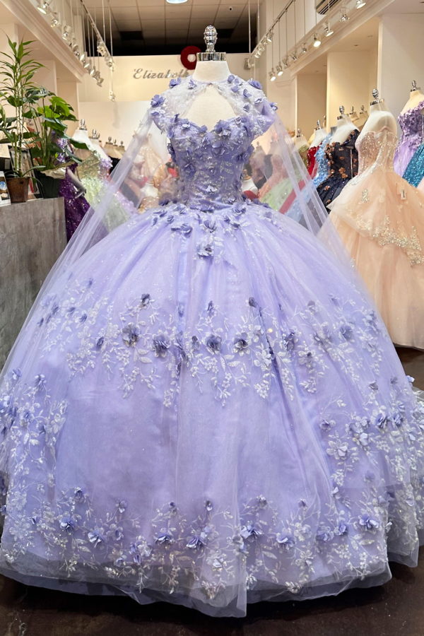 Glitter 3-D Flower Off Shoulder Quinceanera Dress by Elizabeth K - GL3179