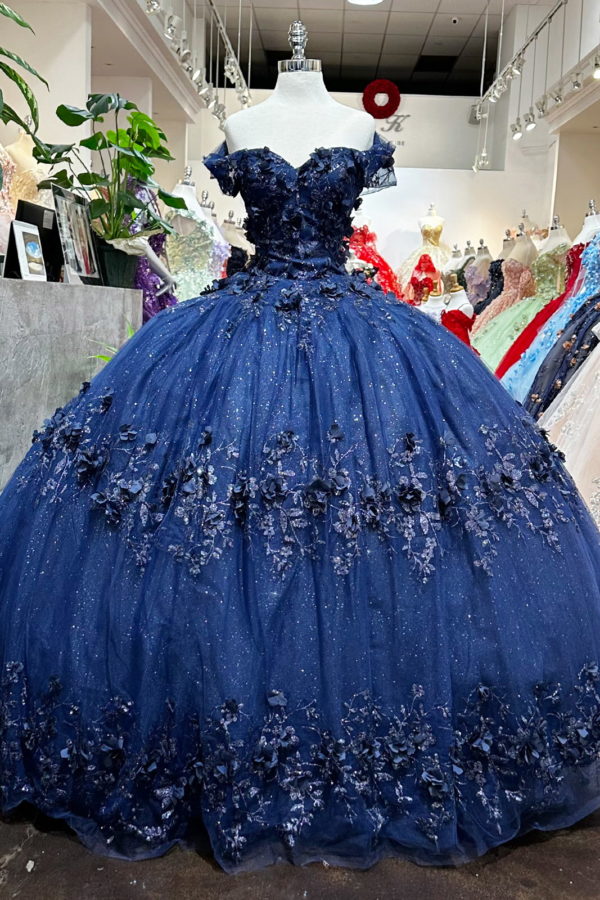 Glitter 3-D Flower Off Shoulder Quinceanera Dress by Elizabeth K - GL3179