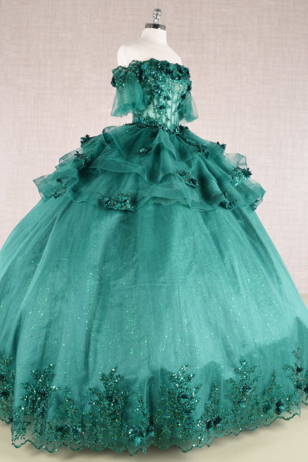 3-D Flower Applique Straight Across Neckline Quinceanera Dress by Elizabeth K - GL3180