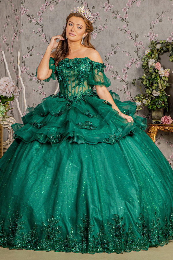 3-D Flower Applique Straight Across Neckline Quinceanera Dress by Elizabeth K - GL3180